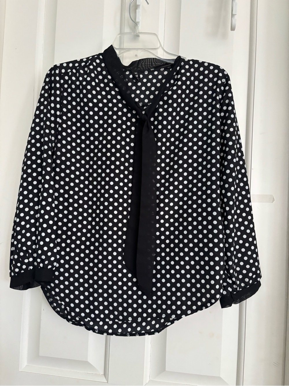 Polka Dot Tie-Neck Blouse in Black and White